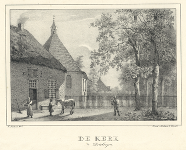 202383 Gezicht in het dorp Driebergen met achter een huis met een rieten dak een gedeelte van de Nederlands Hervormde kerk.